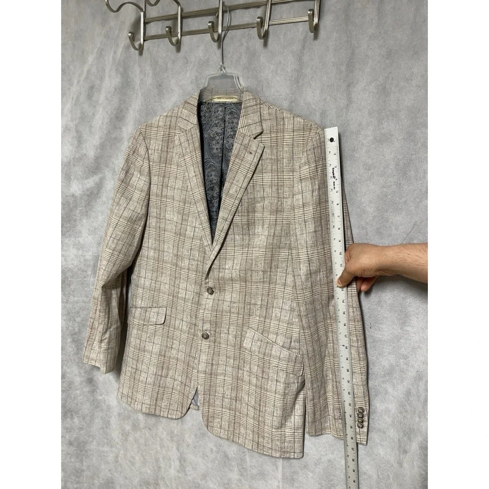 Joseph Abboud Blazer Men 42L Tan Plaid Slim Linen Cotton Casual Sport Coat Luxe